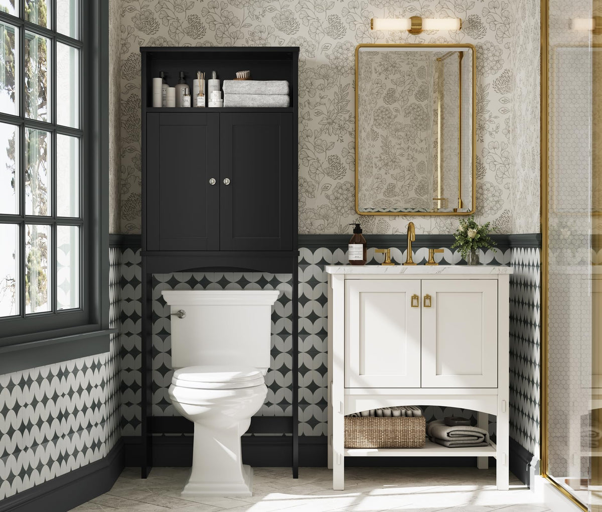 Over The Toilet Storage Cabinet with Adjustable Shelf and Double Door, Black M326