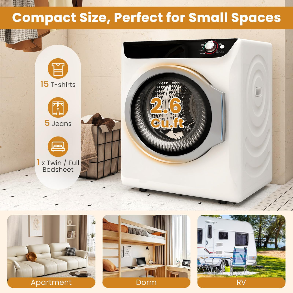 2.6 CU. FT. White Compact Electric Clothes Dryer with Stainless Steel Tub R87360