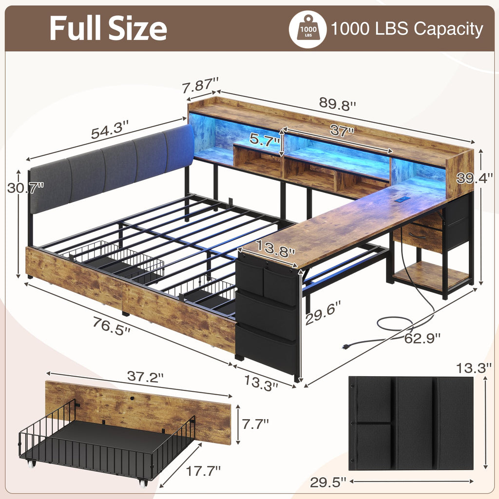 Corner Bed Frame Full Size with Storage & Desk V1619