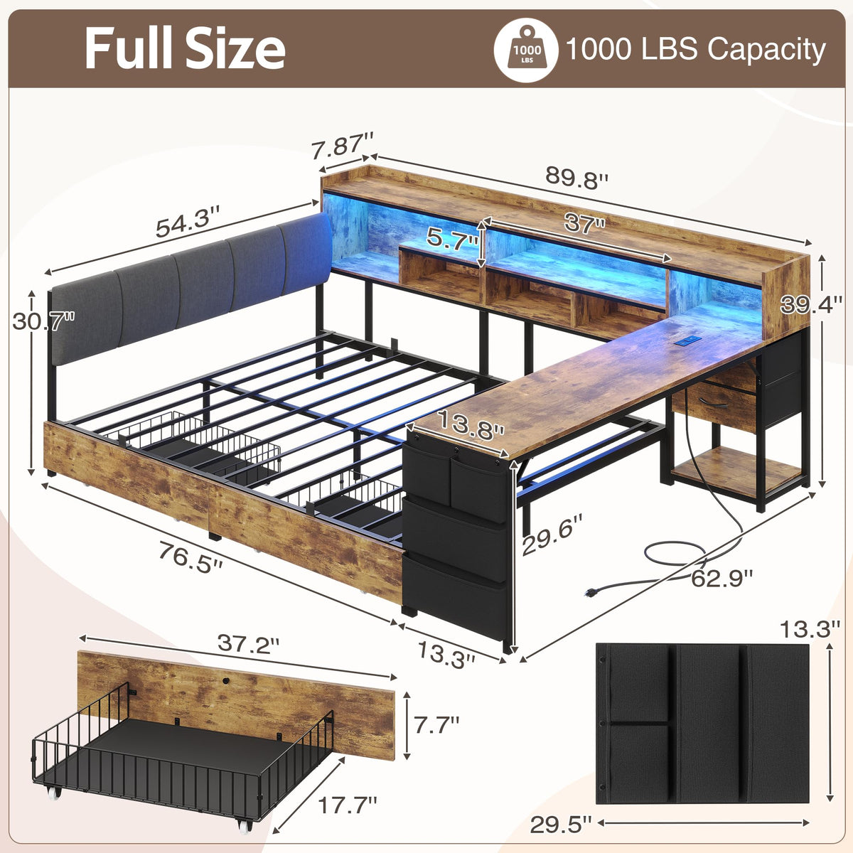 Corner Bed Frame Full Size with Storage & Desk V1619