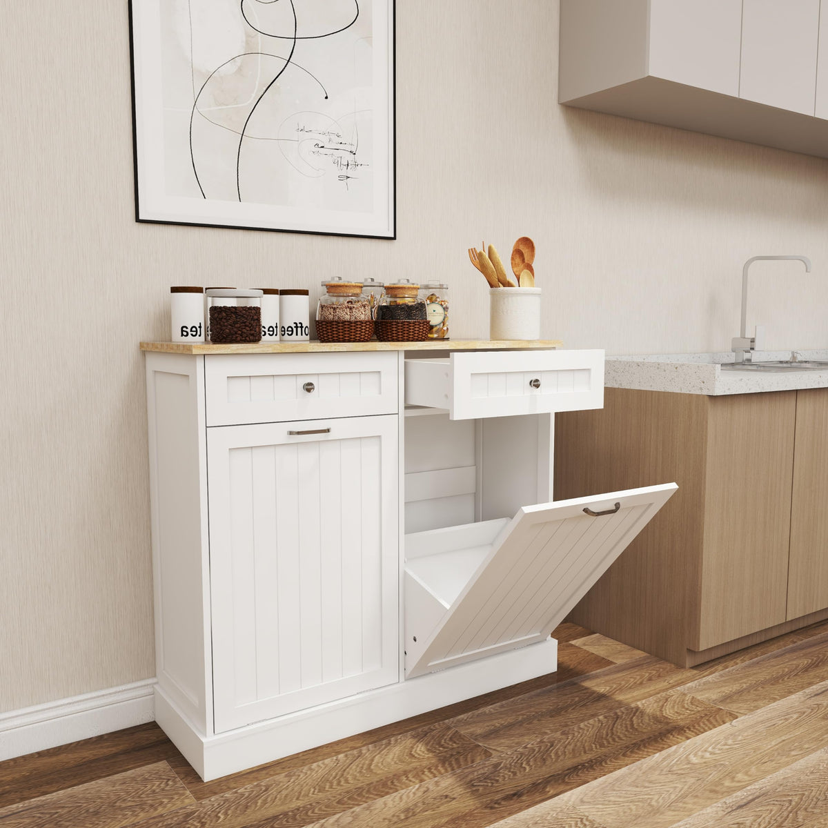 White Double Tilt Out Trash Cabinet with Drawers Z1026