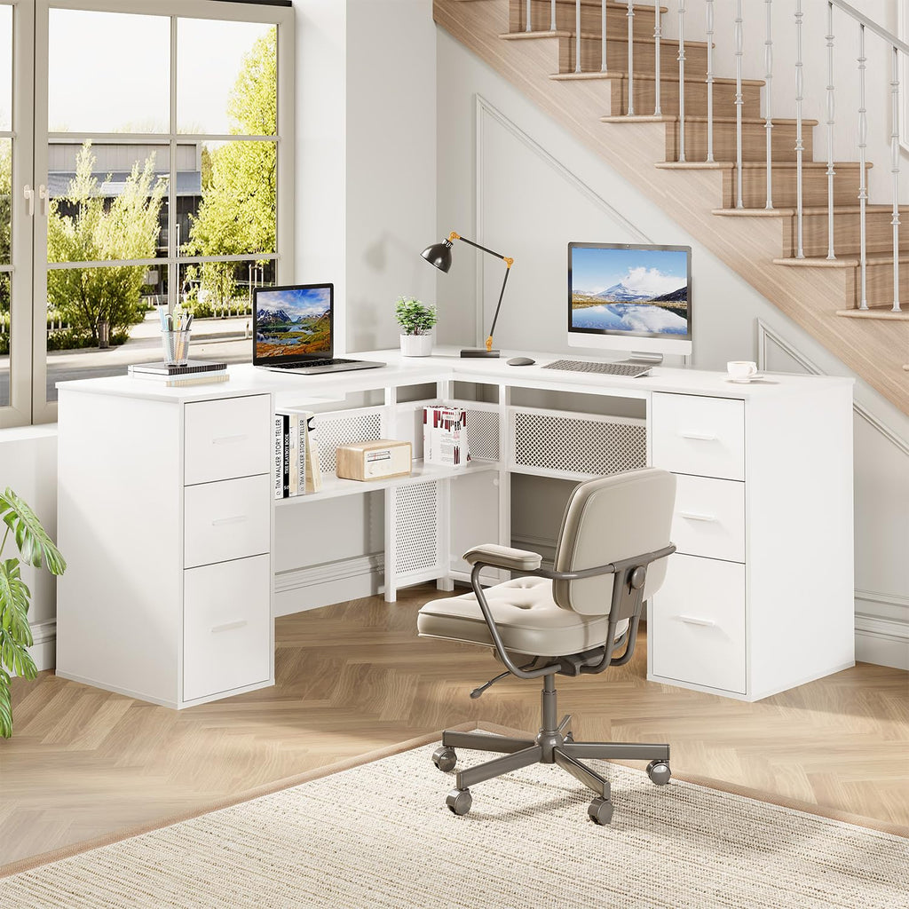 White L Shaped Desk with Drawers G368180