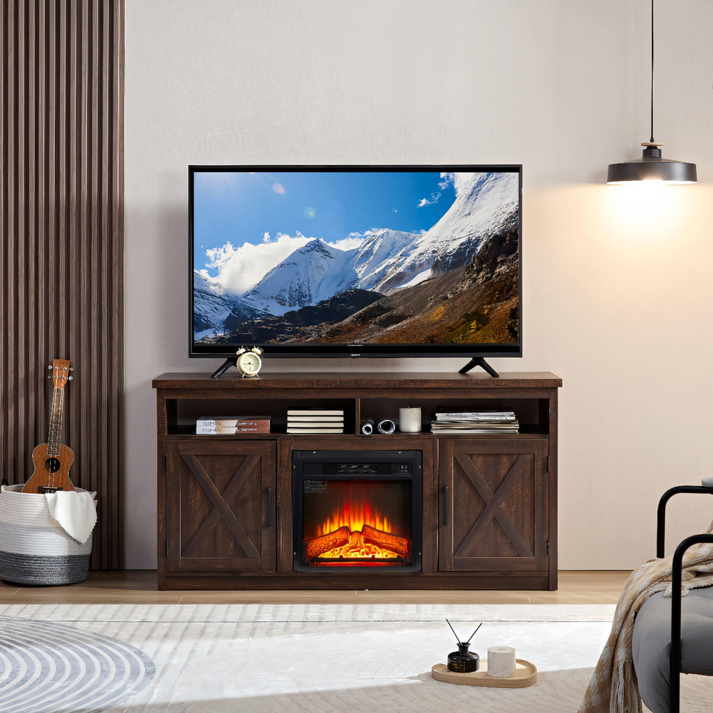 Farmhouse TV Media Stand with 18" Fireplace Insert, Espresso V519