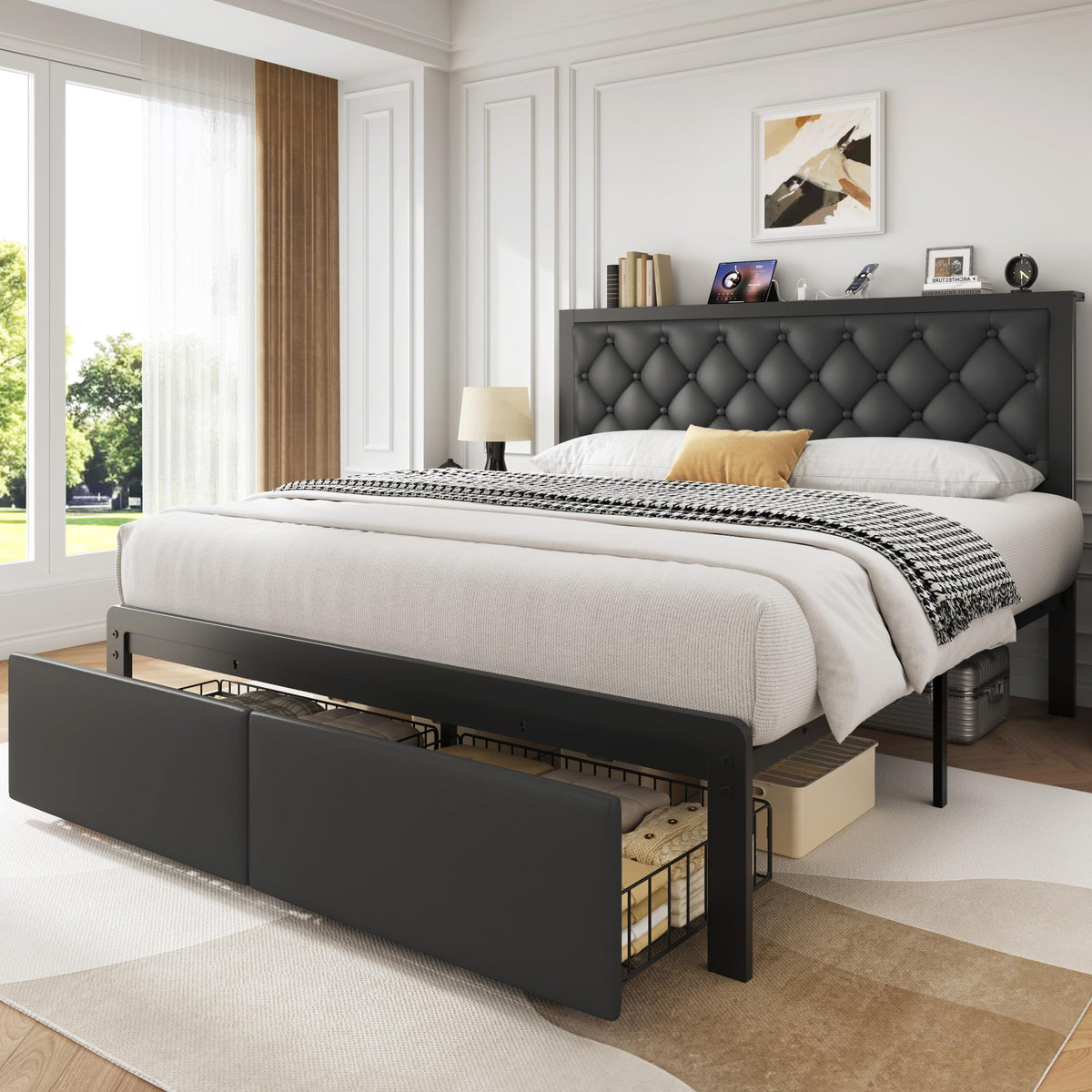 Queen Bed Frame with Upholstered Headboard and 2 Storage Drawers T719