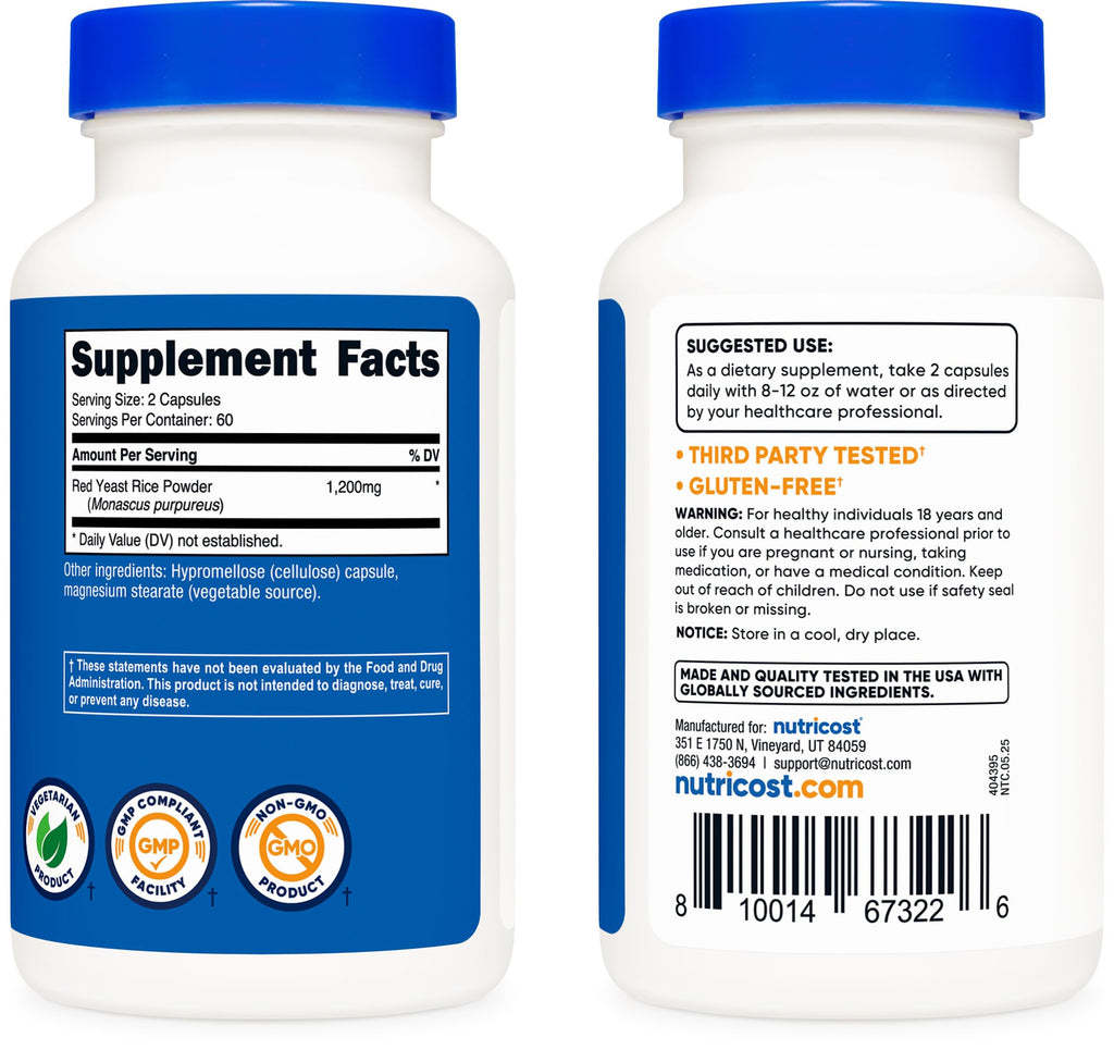 Red Yeast Rice 1200mg 120 Capsules Gluten Free P864421