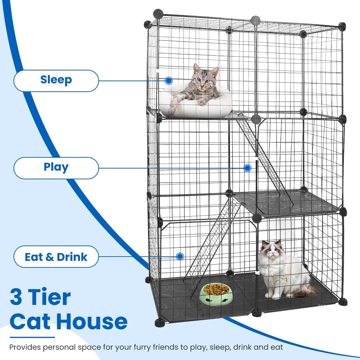 3 Tier Metal Cat Playpen Cage with 3 Doors 2 Ladders P994788