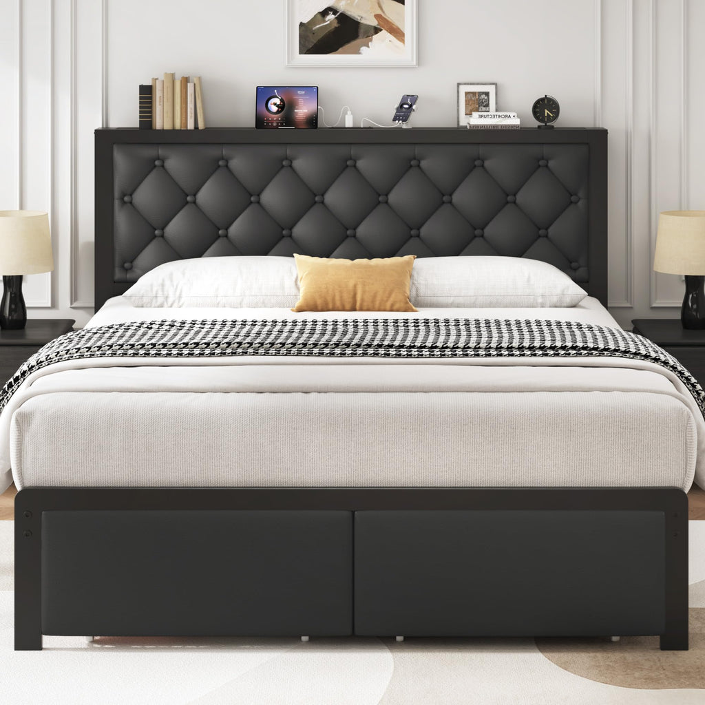 Queen Bed Frame with Upholstered Headboard and 2 Storage Drawers T719