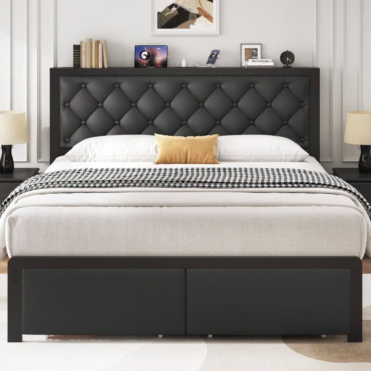 Queen Bed Frame with Upholstered Headboard and 2 Storage Drawers T719