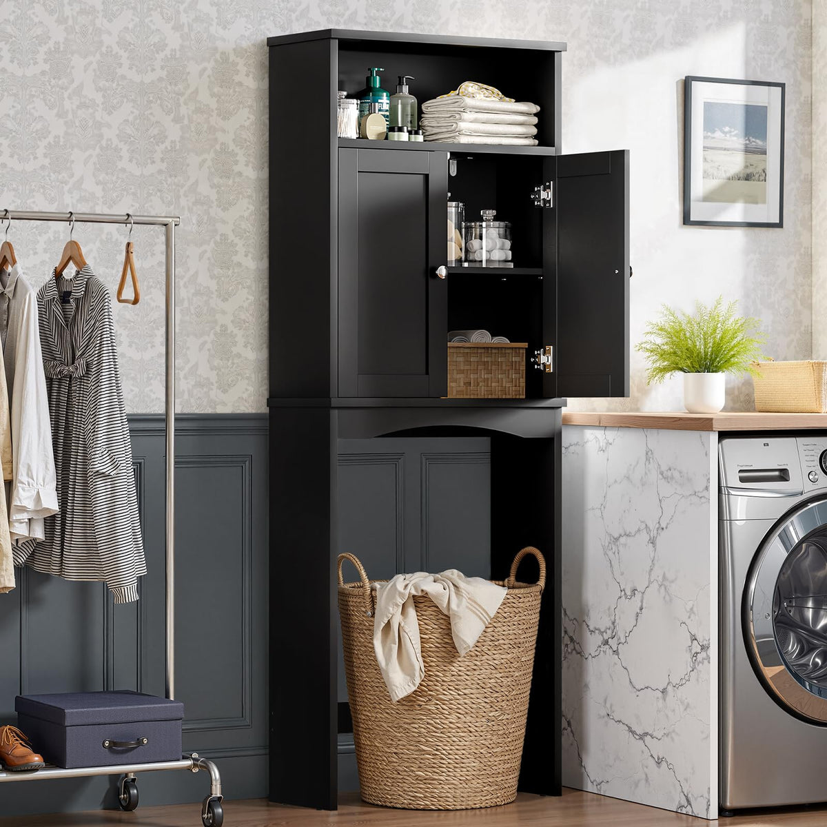 Over The Toilet Storage Cabinet with Adjustable Shelf and Double Door, Black M326