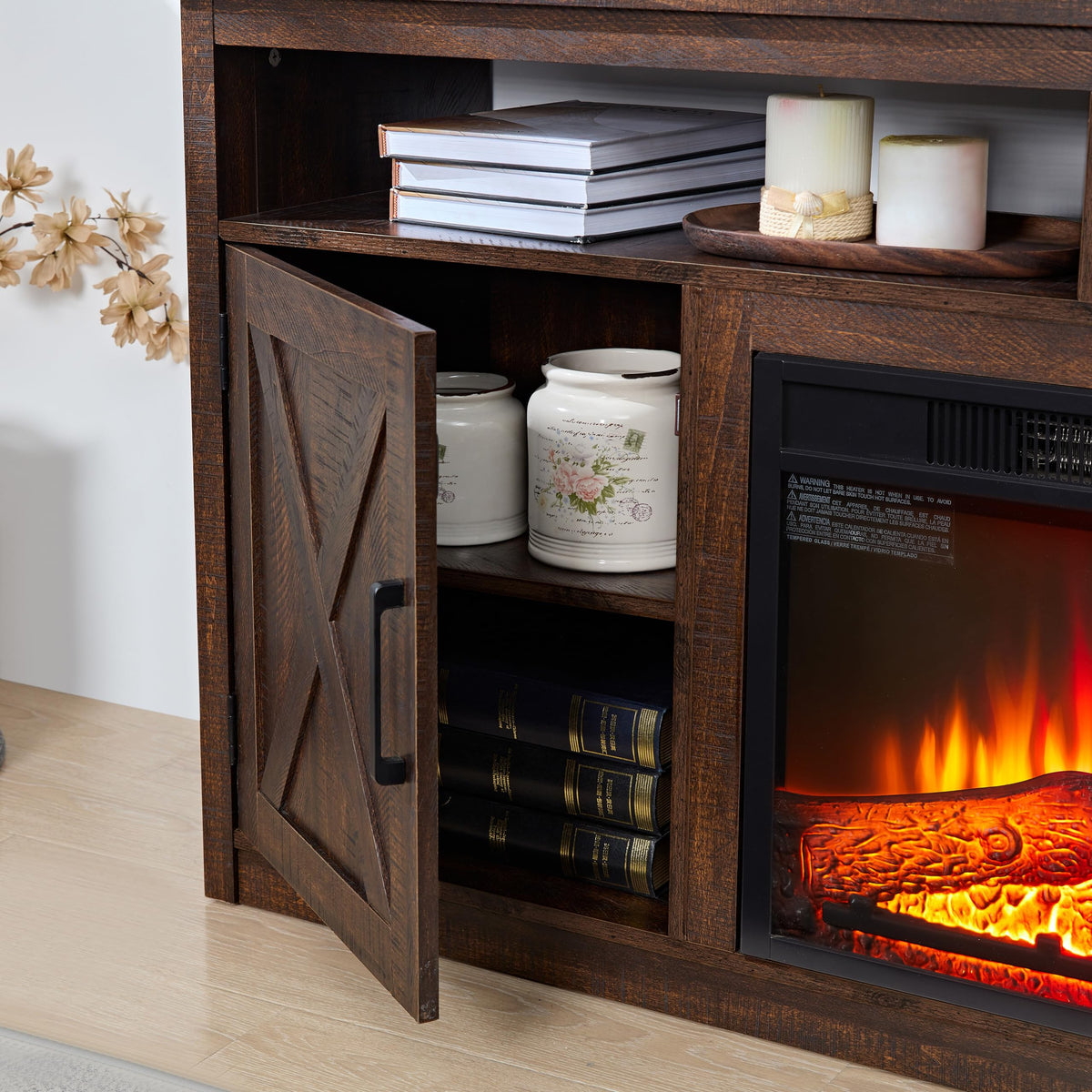 Farmhouse TV Media Stand with 18" Fireplace Insert, Espresso V519