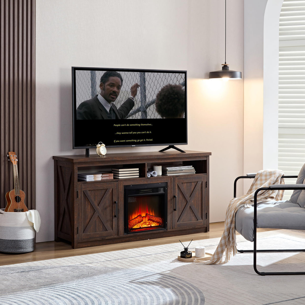 Farmhouse TV Media Stand with 18" Fireplace Insert, Espresso V519