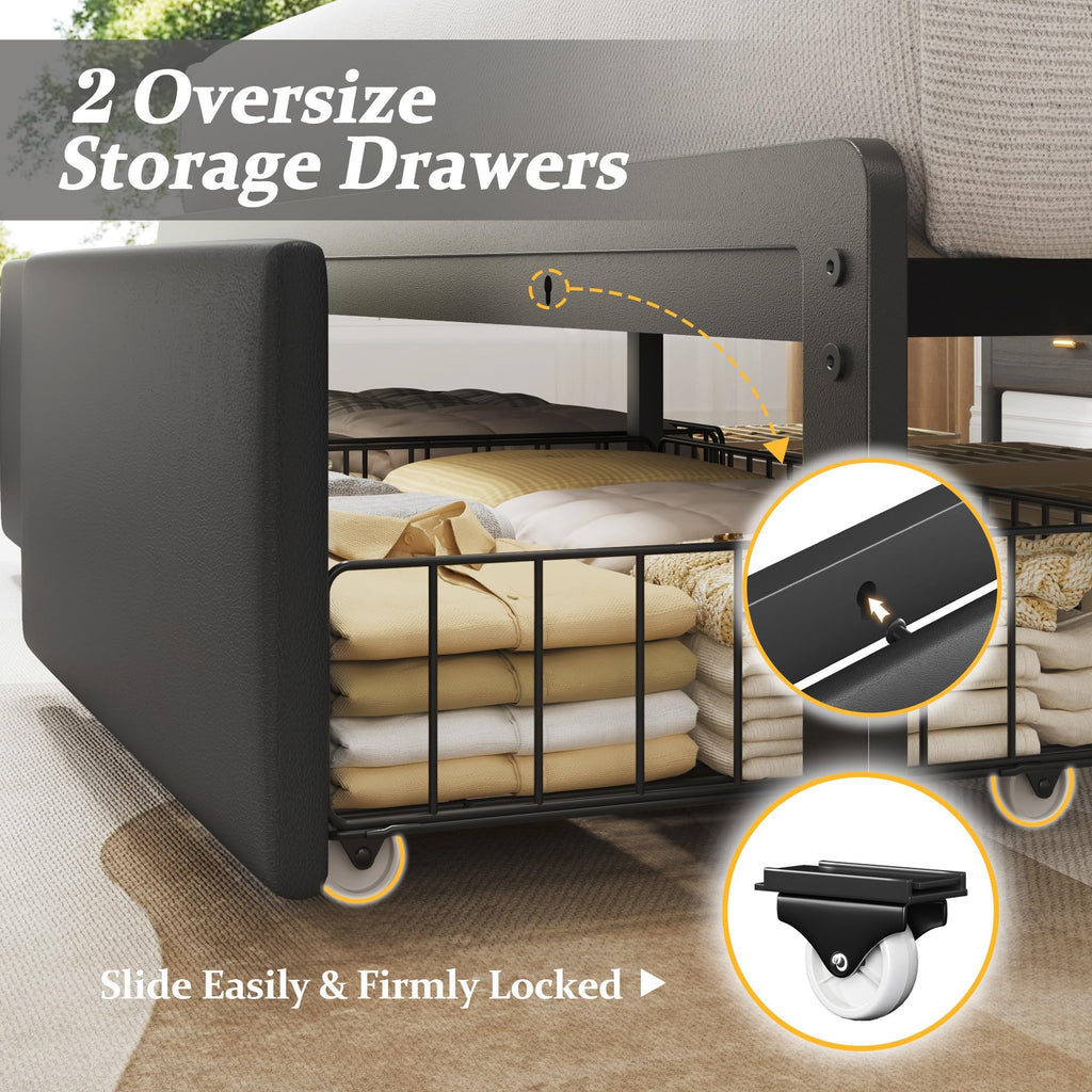 Queen Bed Frame with Upholstered Headboard and 2 Storage Drawers T719