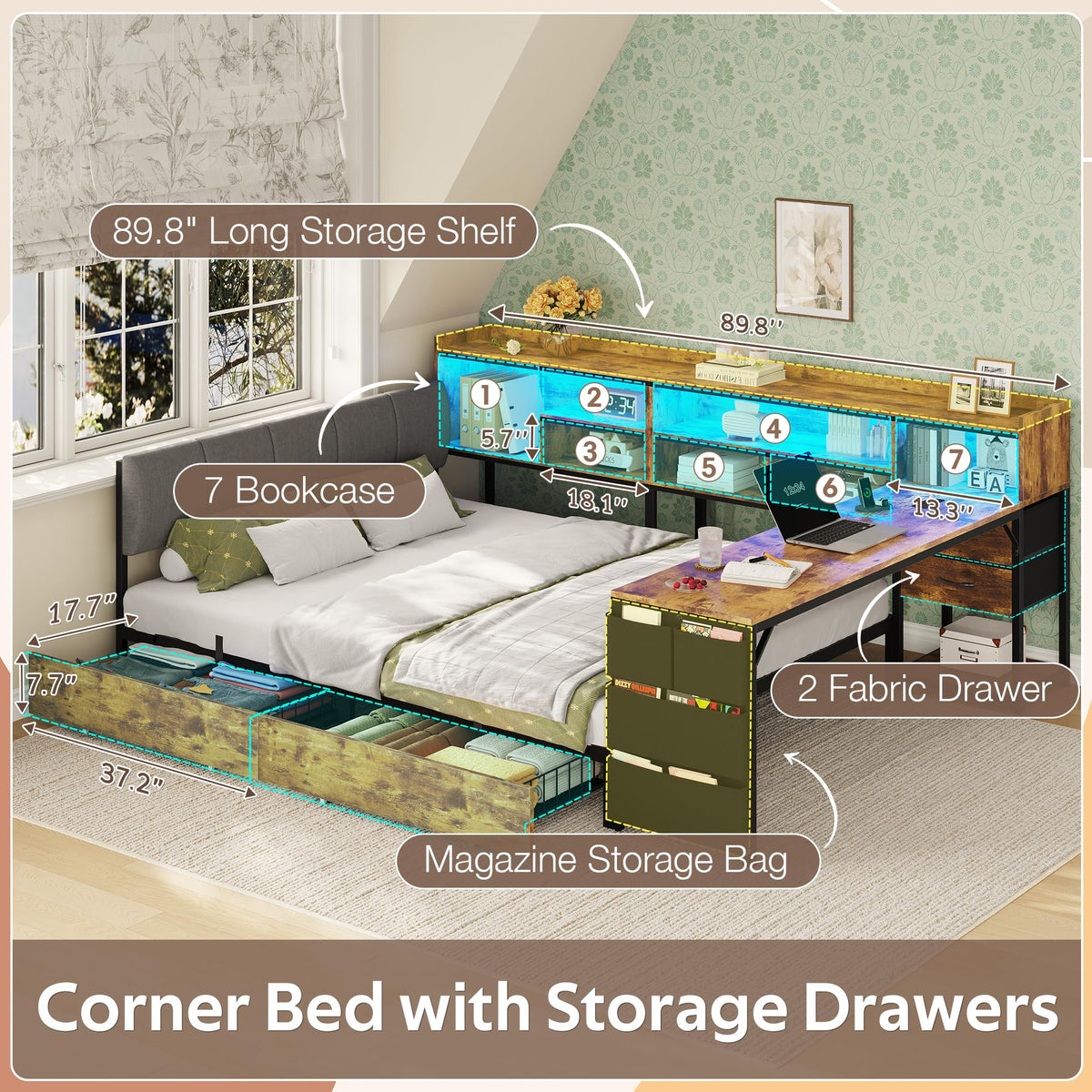 Corner Bed Frame Full Size with Storage & Desk V1619