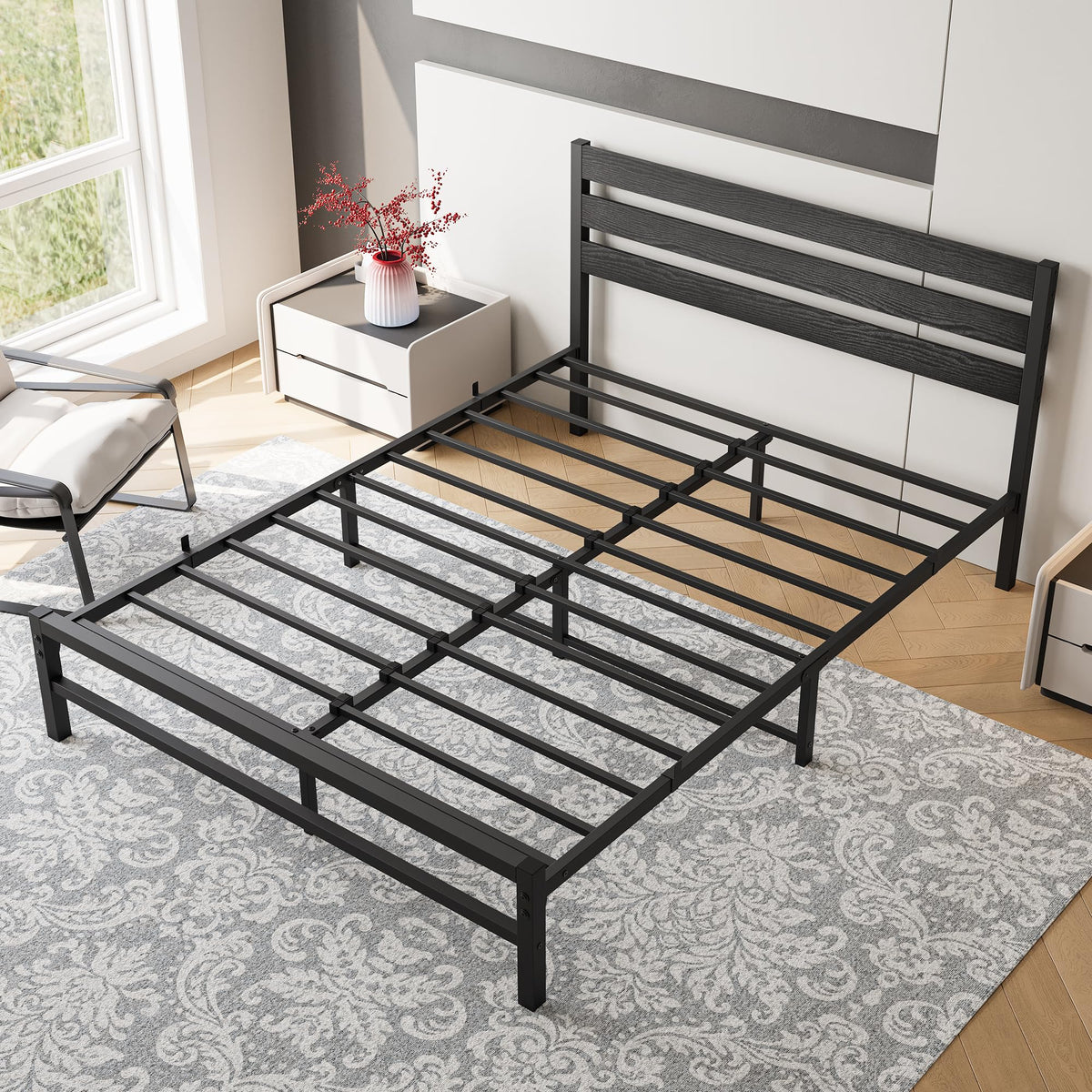 Queen Size Platform Bed Frame with Wood Headboard and Metal Slats, Black G839