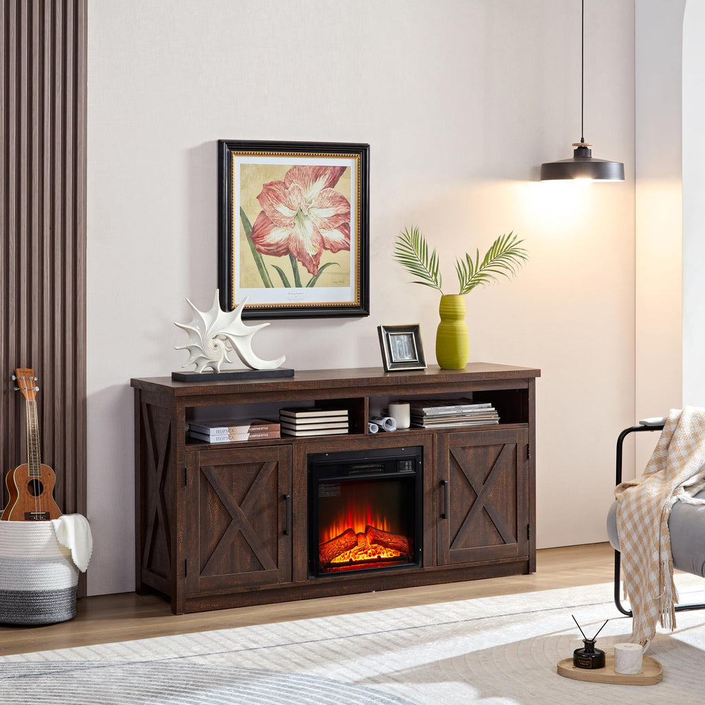 Farmhouse TV Media Stand with 18" Fireplace Insert, Espresso V519