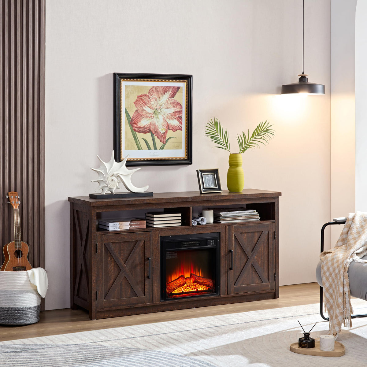Farmhouse TV Media Stand with 18" Fireplace Insert, Espresso V519