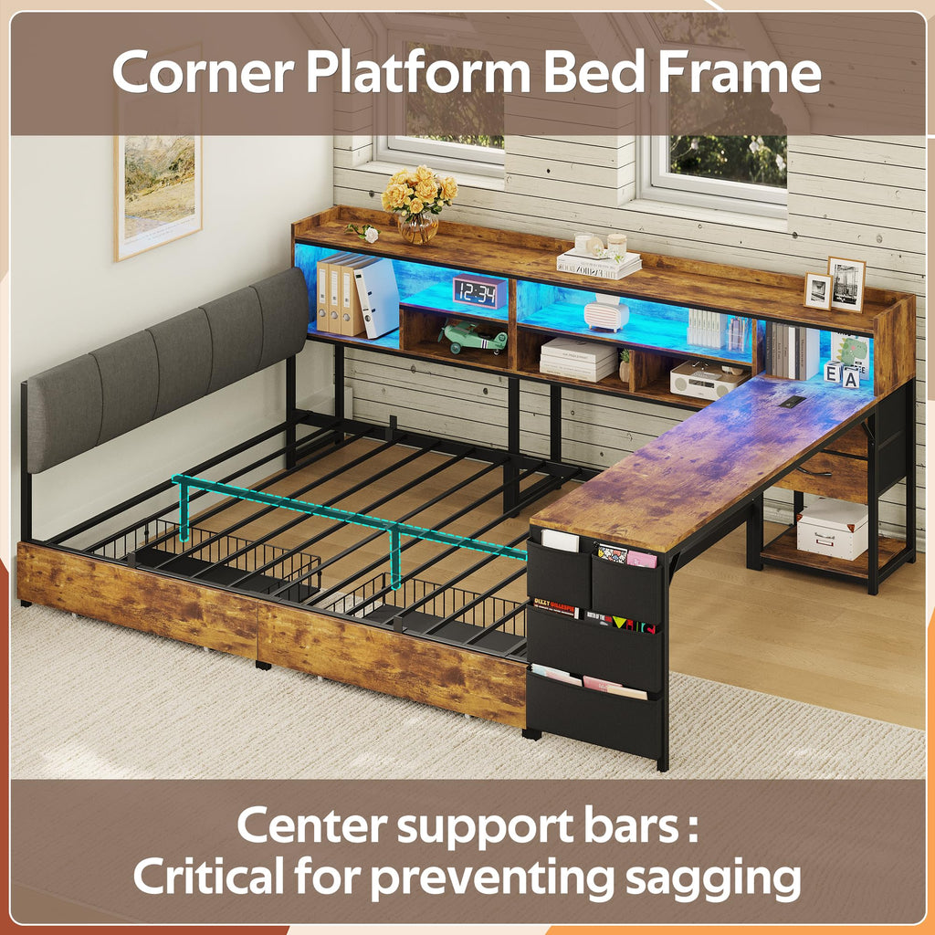 Corner Bed Frame Full Size with Storage & Desk V1619