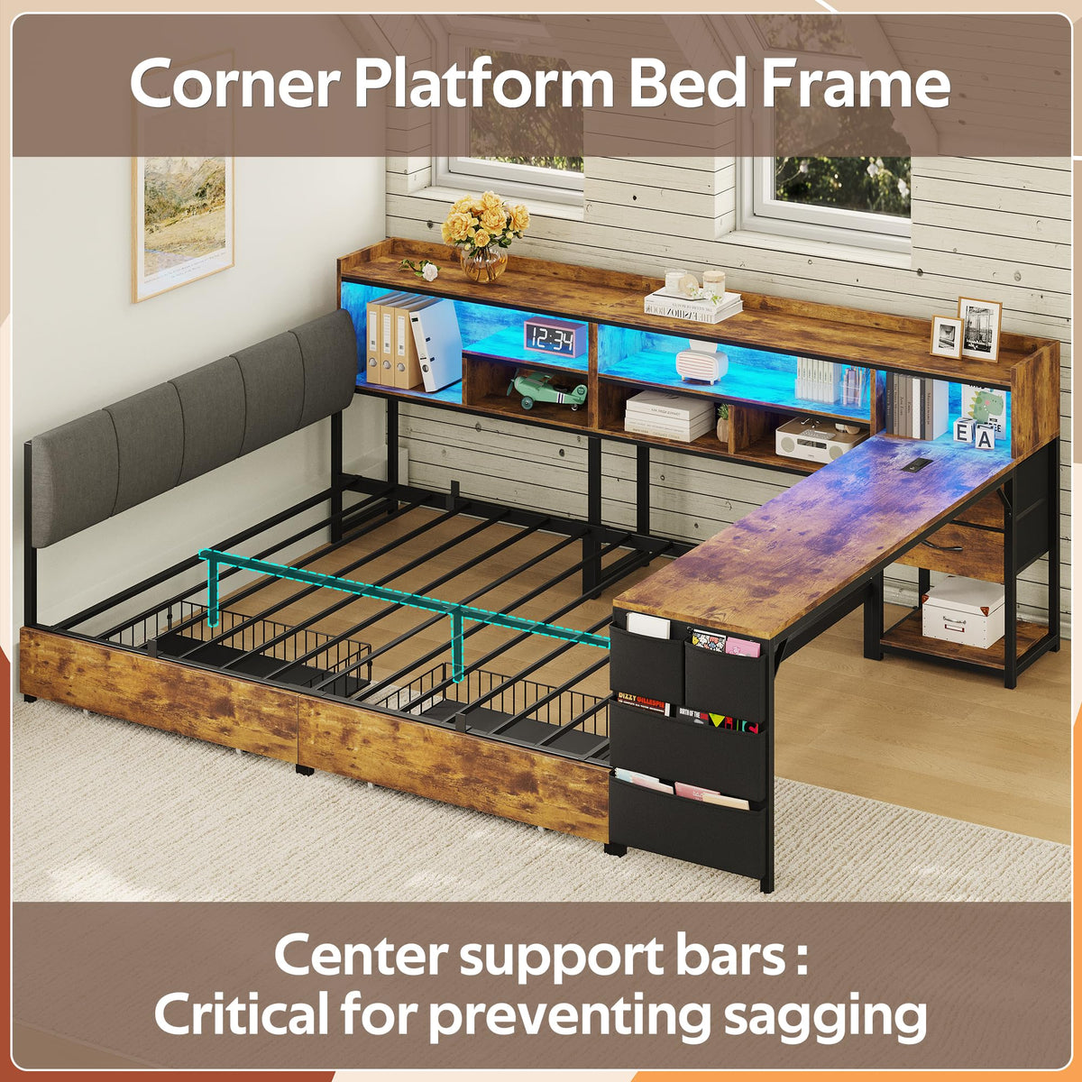 Corner Bed Frame Full Size with Storage & Desk V1619
