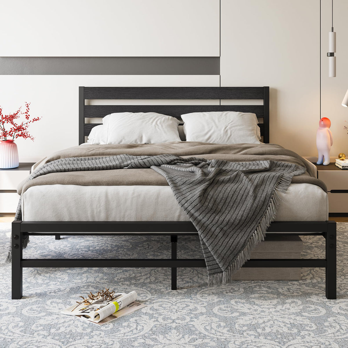 Queen Size Platform Bed Frame with Wood Headboard and Metal Slats, Black G839