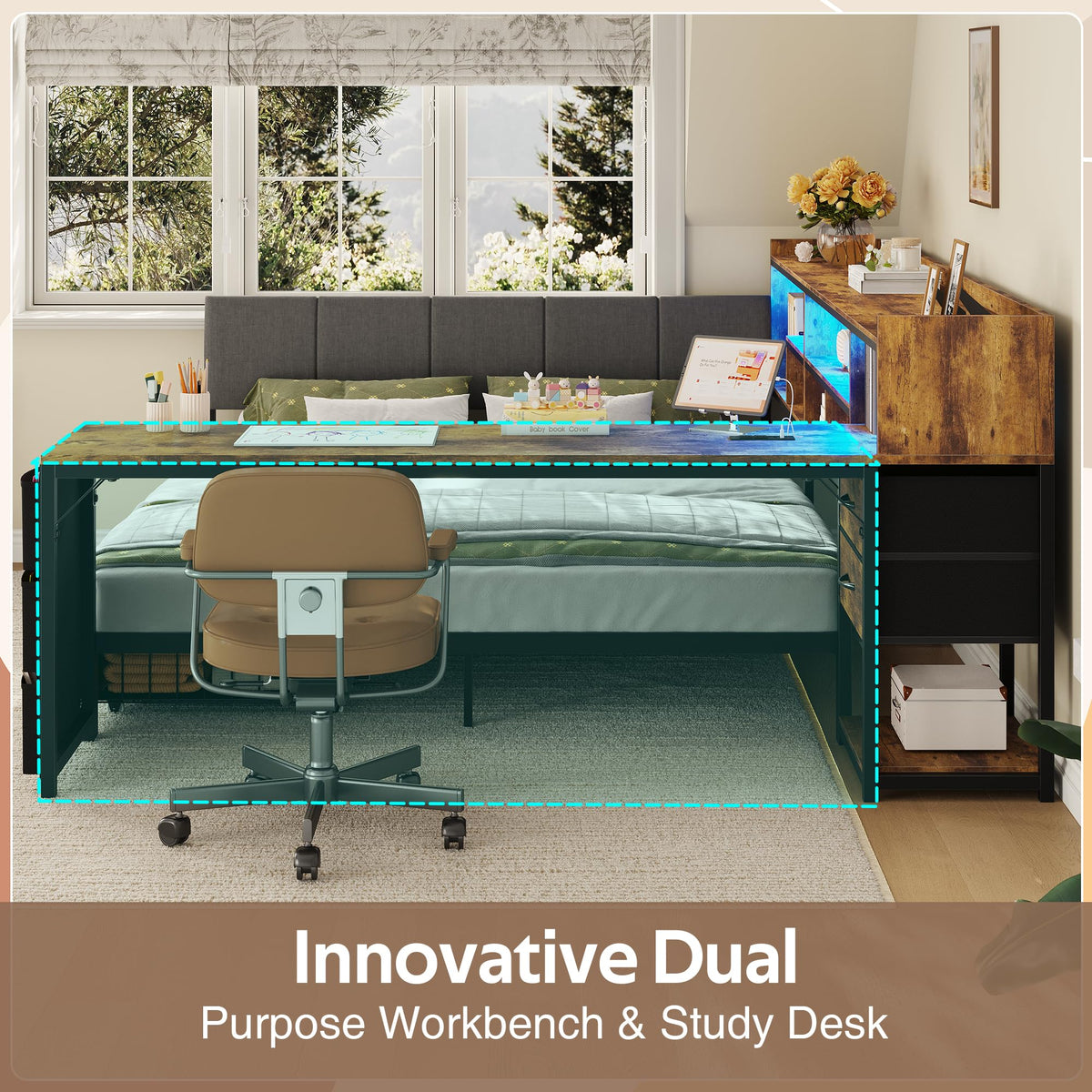 Corner Bed Frame Full Size with Storage & Desk V1619