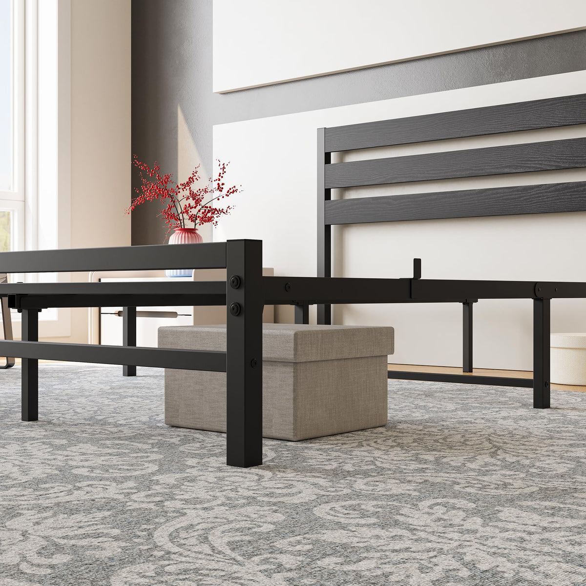 Queen Size Platform Bed Frame with Wood Headboard and Metal Slats, Black G839