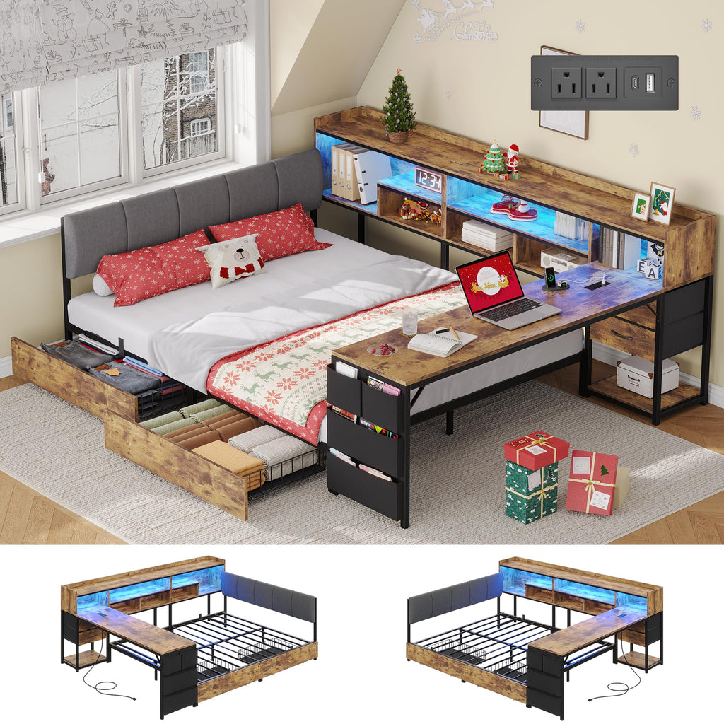 Corner Bed Frame Full Size with Storage & Desk V1619