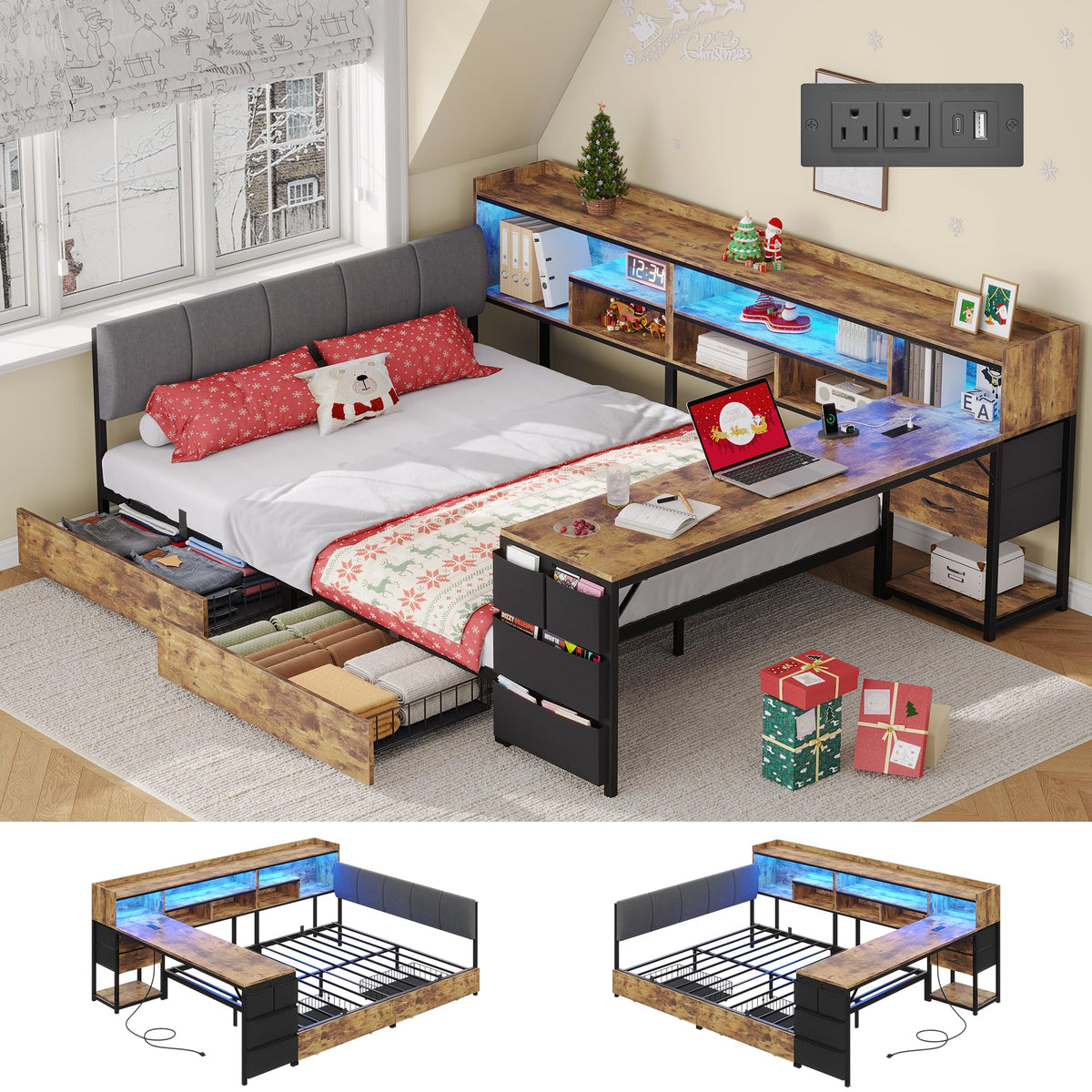 Corner Bed Frame Full Size with Storage & Desk V1619