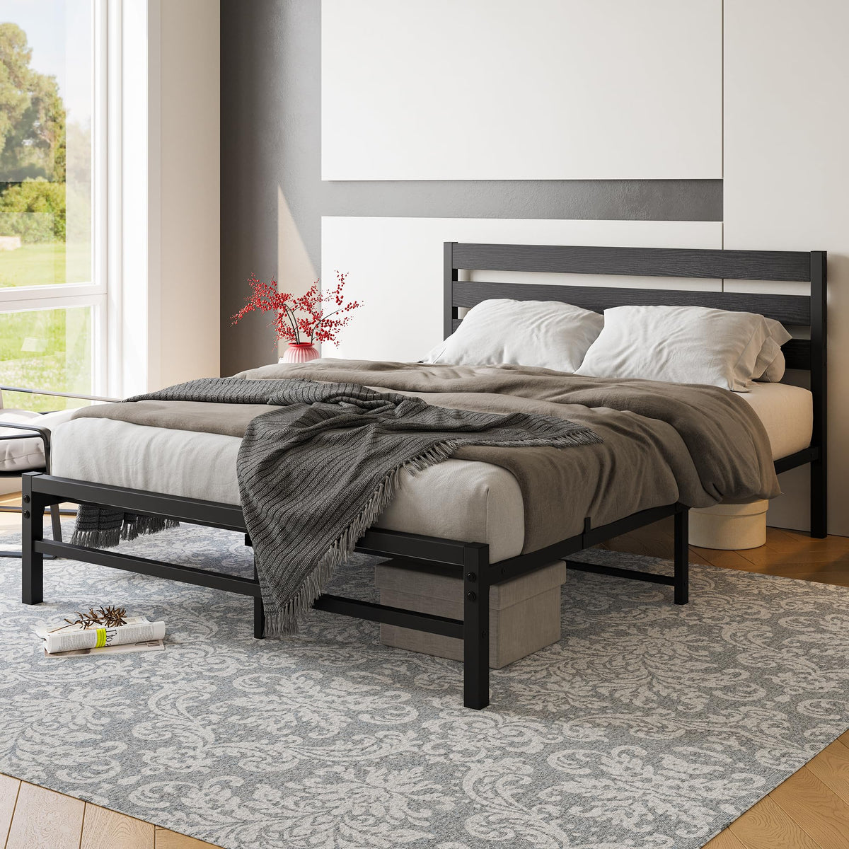 Queen Size Platform Bed Frame with Wood Headboard and Metal Slats, Black G839